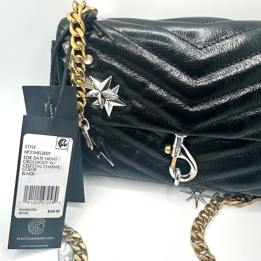 New Rebecca Minkoff Edie Leather Crossbody Bag Black Celestial Charm Quilted - Picture 3 of 14